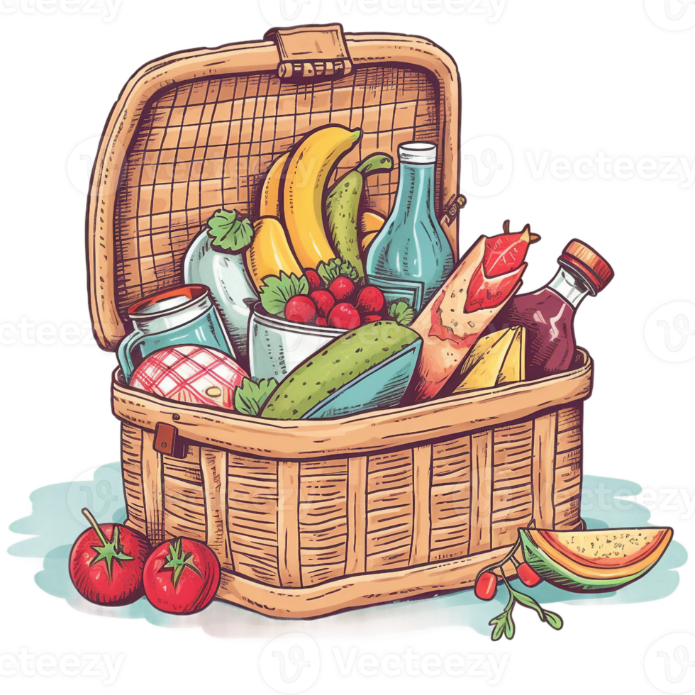 watercolor picnic basket with summer fruits, png