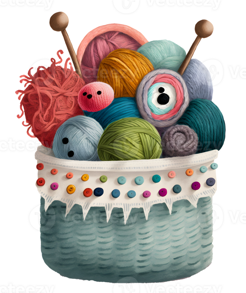 basket of yarn and needles, watercolor, isolated, png