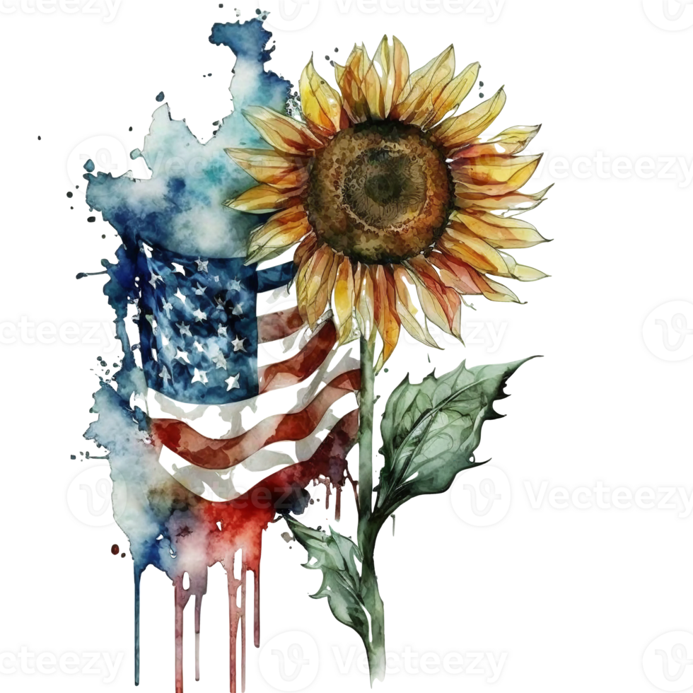 watercolor sunflower with american flag, 4th of july, png