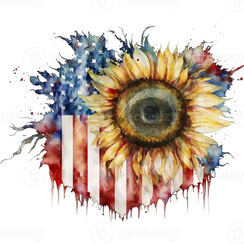 Watercolor sunflower American flag, 4th of July, png