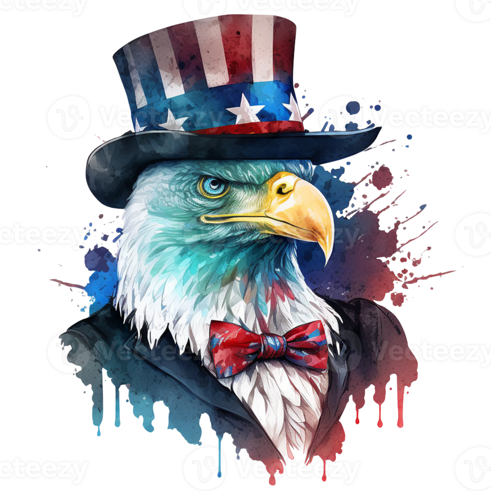 Watercolor patriotic bald american eagle with hat, 4th of July element, png