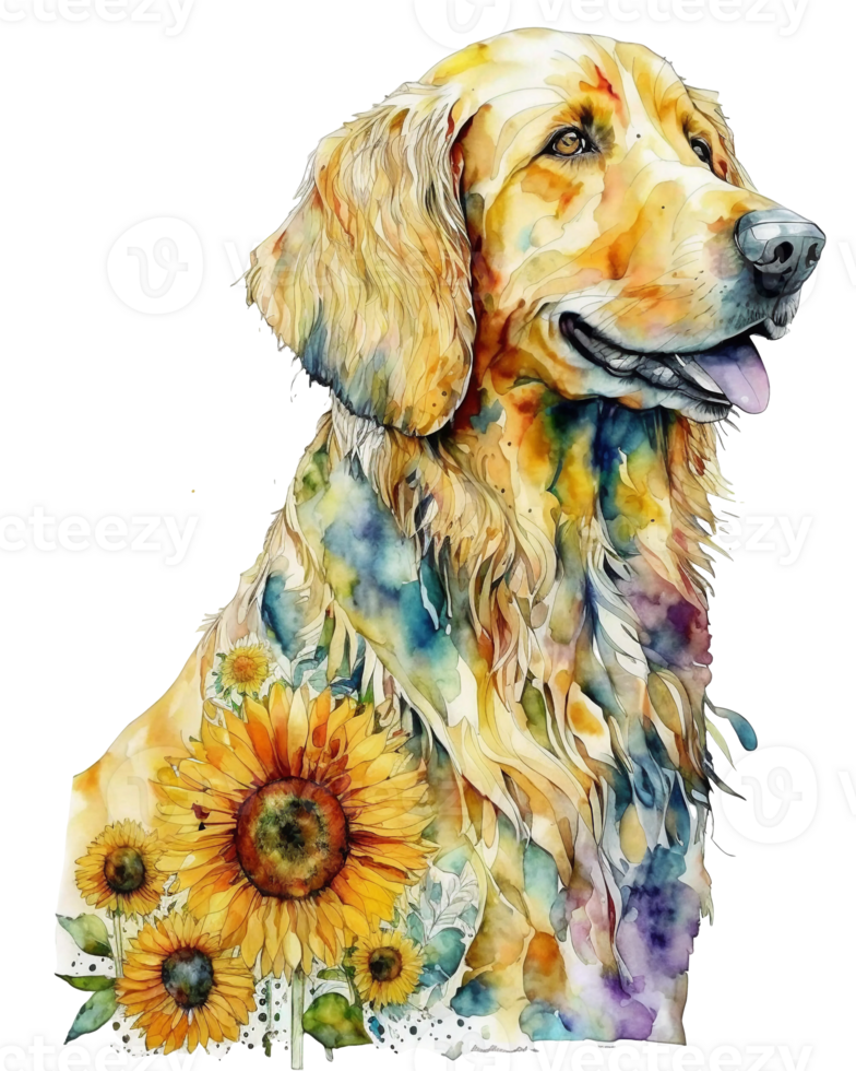 Golden retriever dog with sunflower watercolor illustration, png