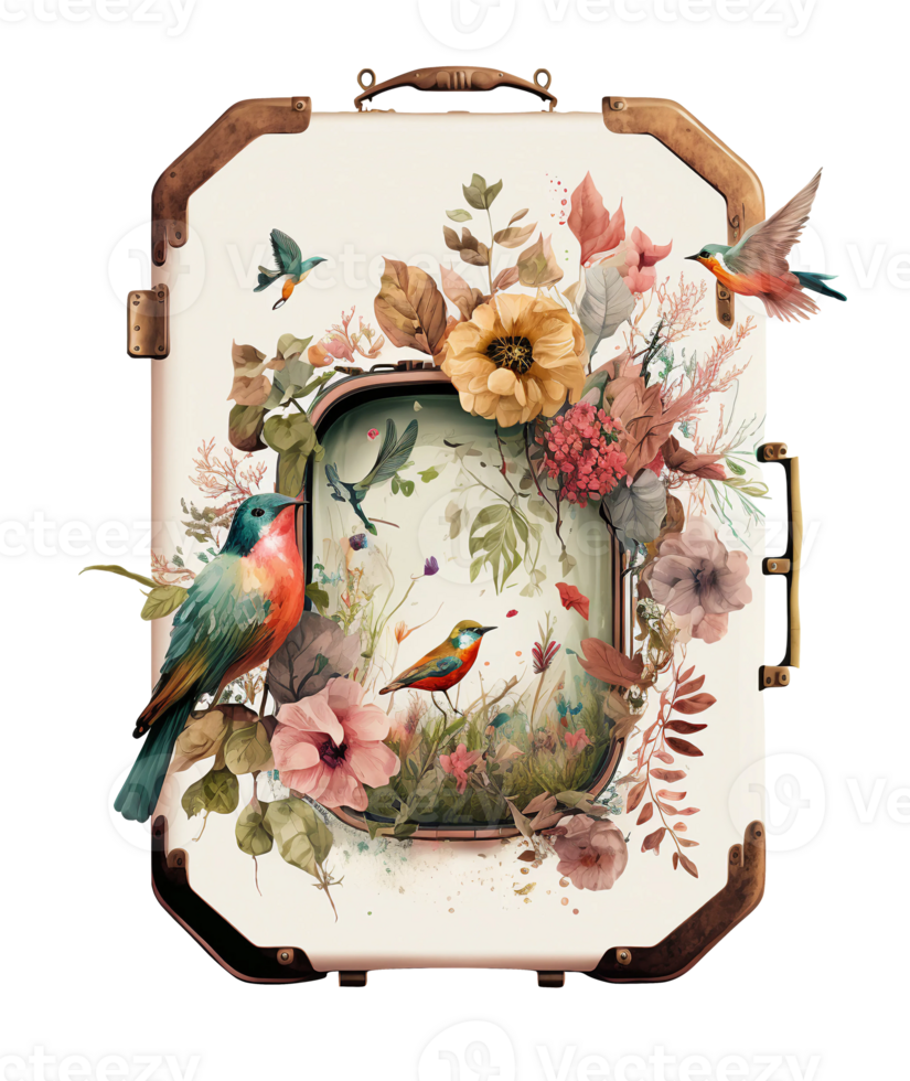watercolor vintage suitcase with floral design, png