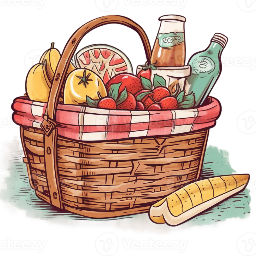 watercolor picnic basket with summer fruits, png