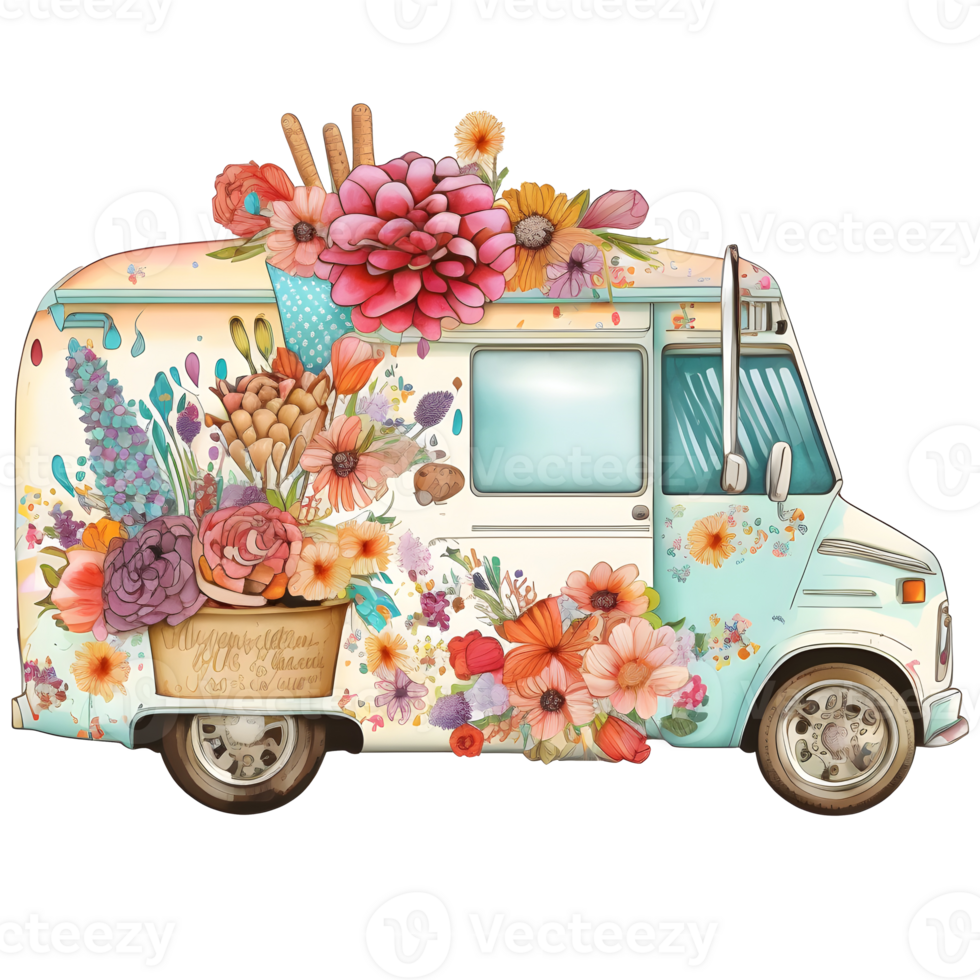 Flower market on camp van, watercolor clipart, png