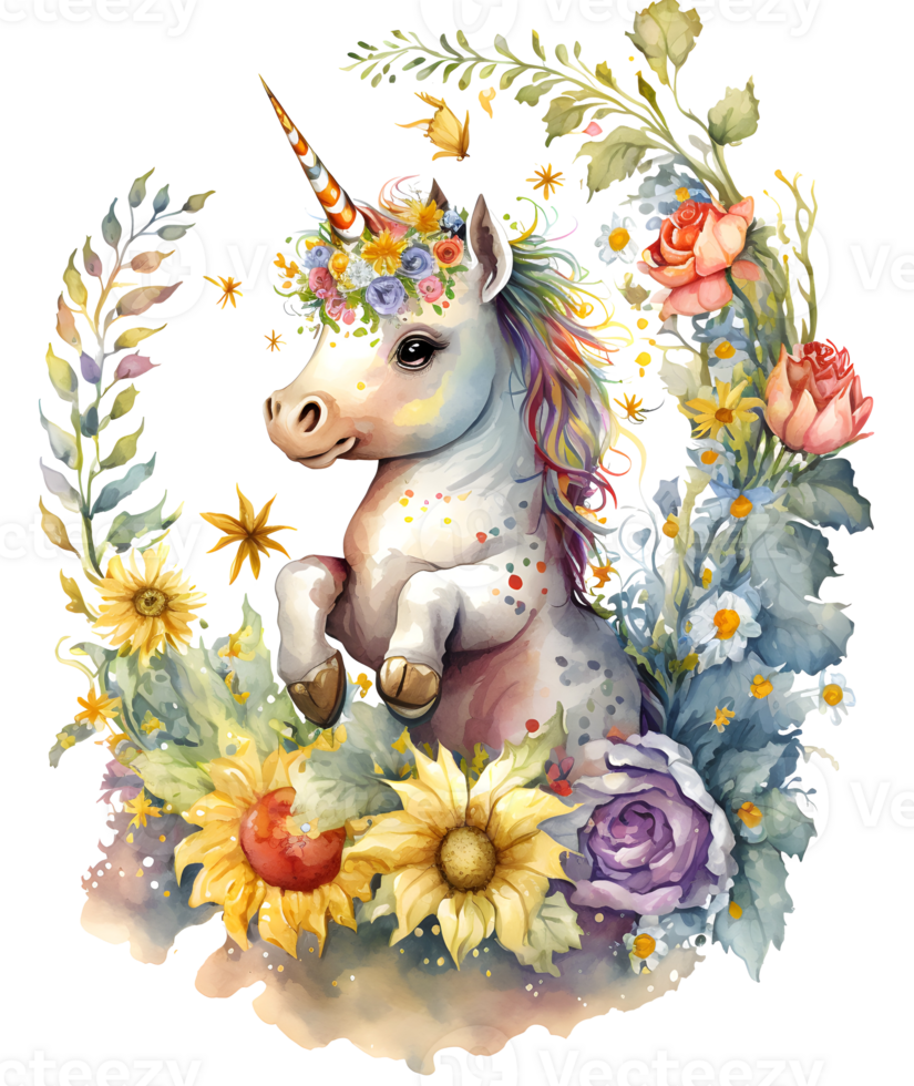 cute unicorn in the middle of lots of sunflowers, rose, wild flowers around, isolated, png