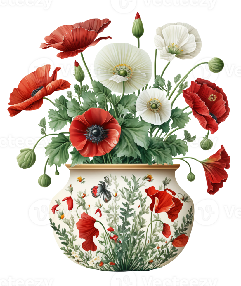 Colorful flowers bouquet in a vase, png