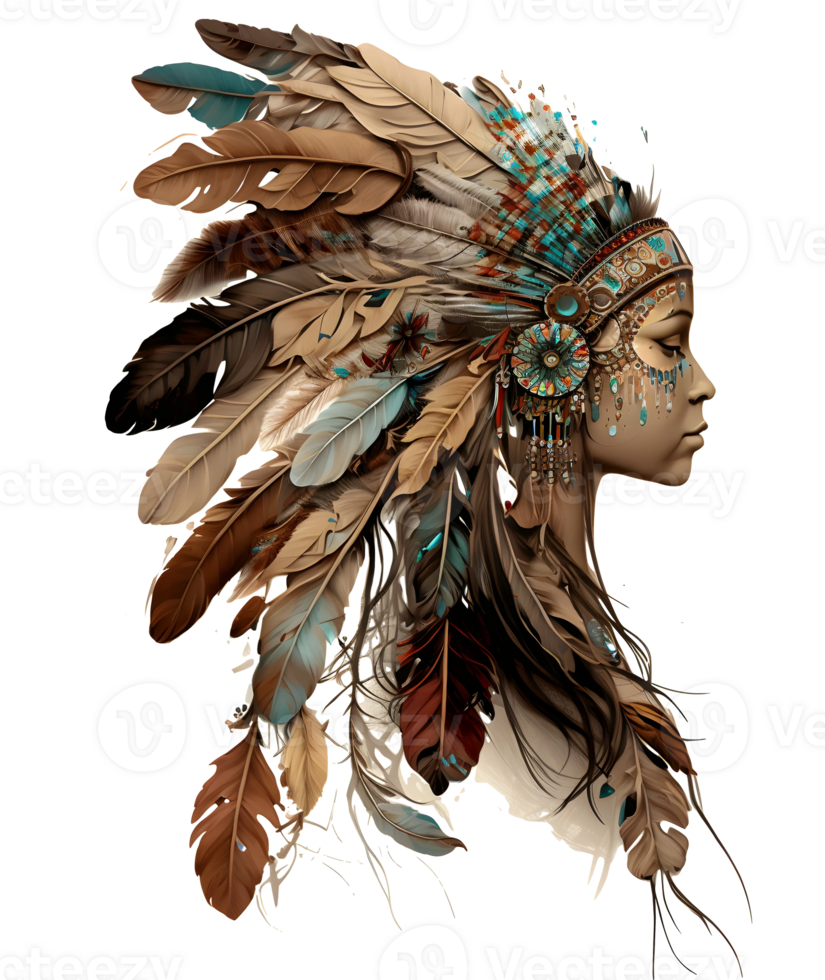 Native american tribal feather watercolor crown, AI Generative png