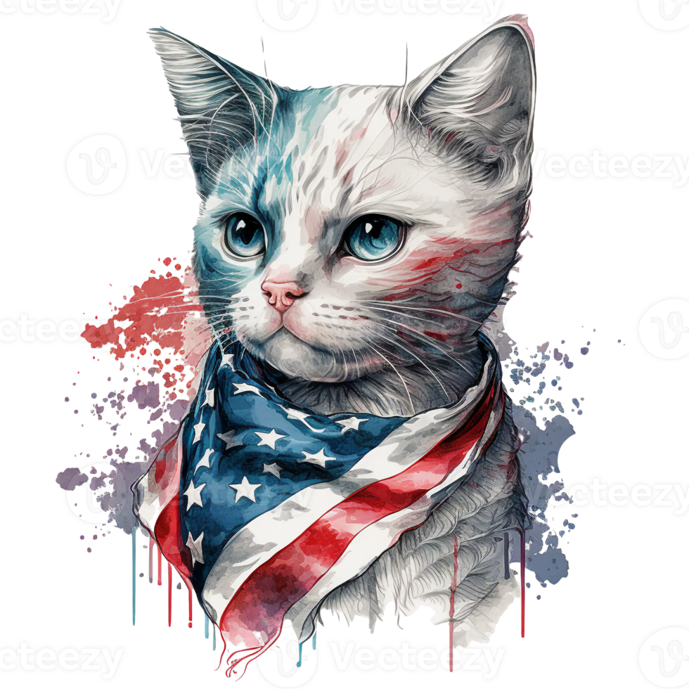 Watercolor Cat with USA flag, 4th of July element, png