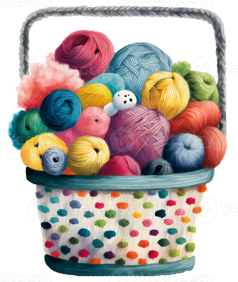 basket of yarn and needles, watercolor, isolated, png