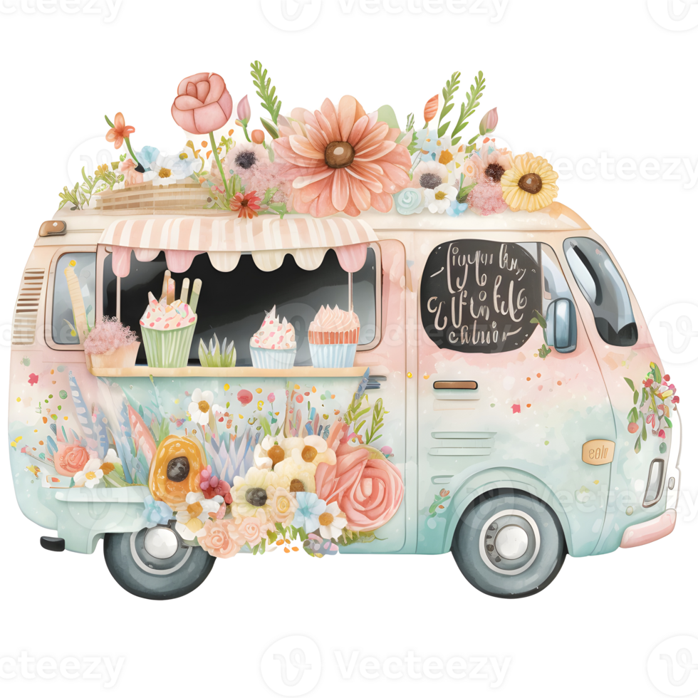 Flower market on camp van, watercolor clipart, png