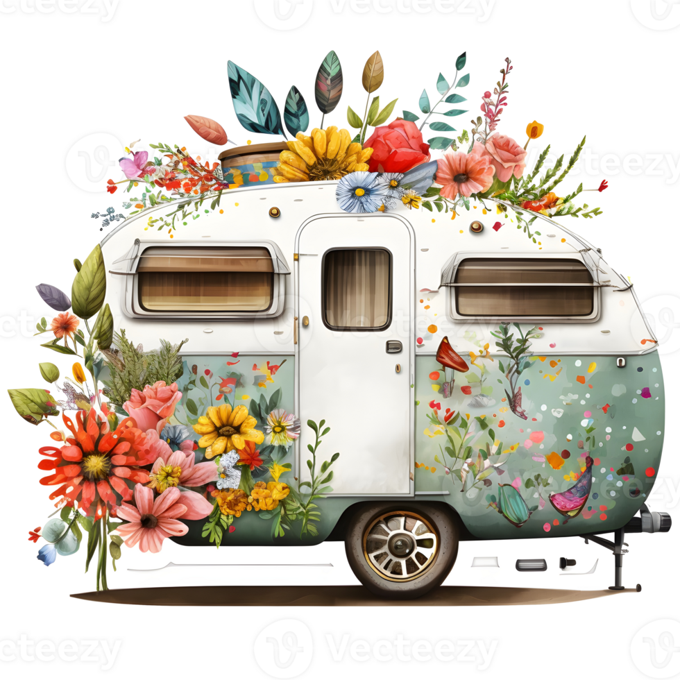 Flower market on camp van, watercolor clipart, png