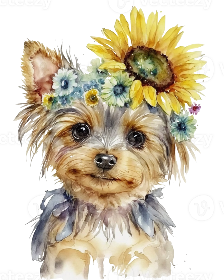 watercolor illustration of a Yorkshire terrier dog with sunflower on head, png