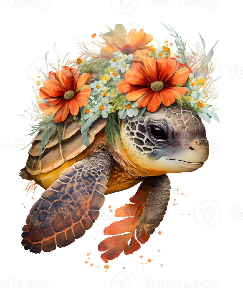 Sea turtle with flower watercolor, png