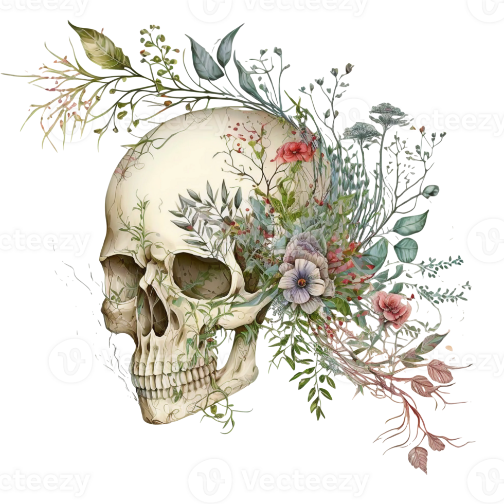 Skull with flowers, gothic floral skull, png