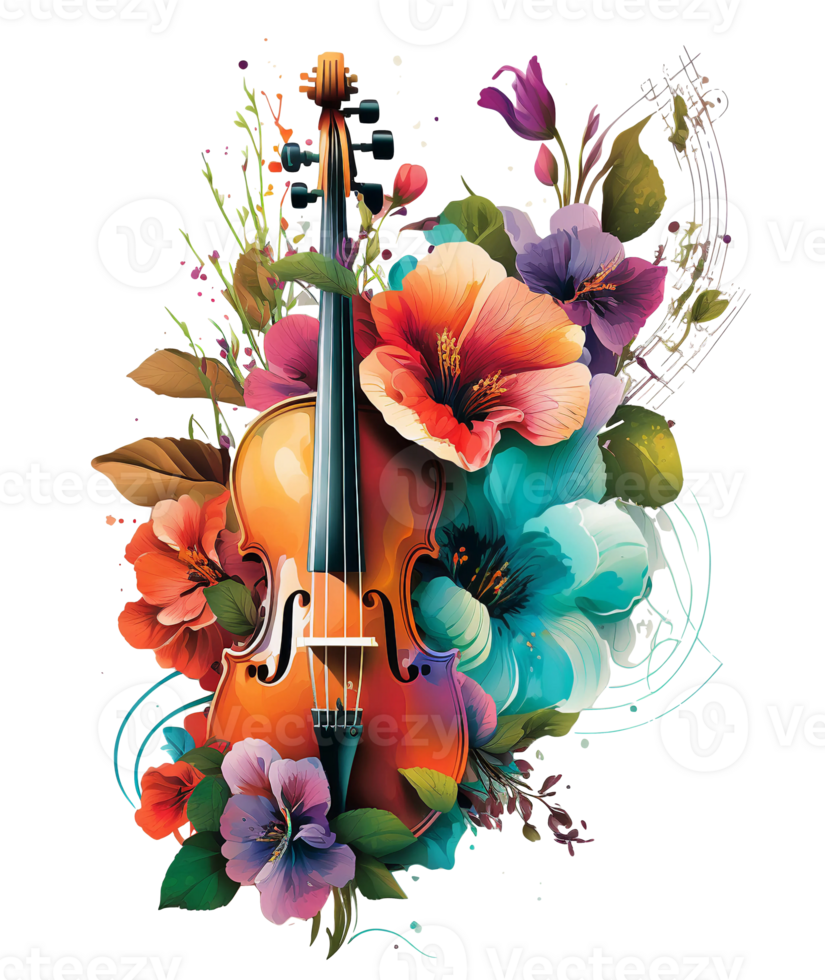 Violin covered with colorful flowers. watercolor graphics, png