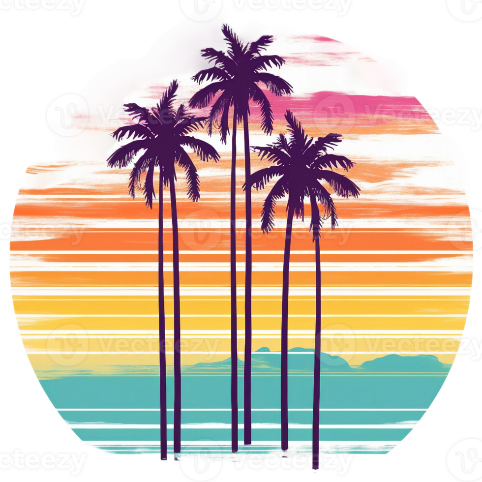 Retro sunset palm beach tropical watercolor, png