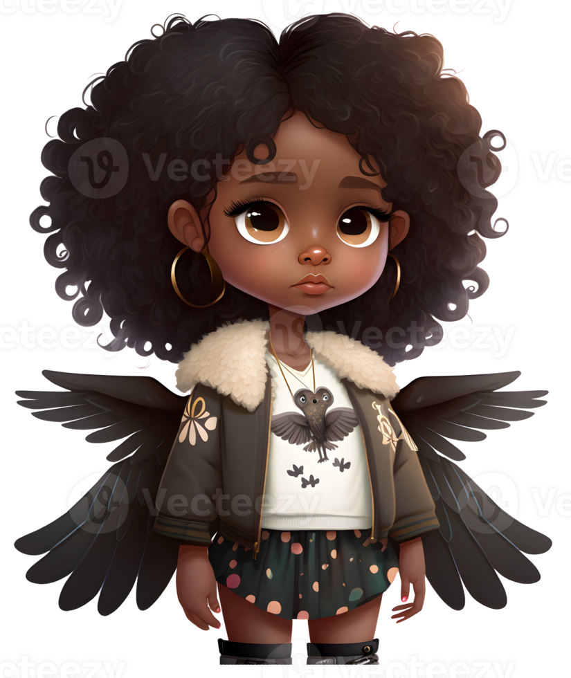 Black african little cute fairy girl, isolated, png