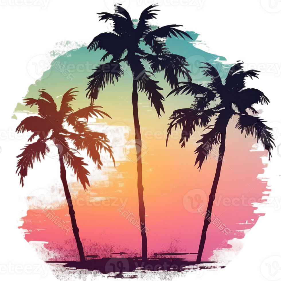Retro sunset palm beach tropical watercolor, png
