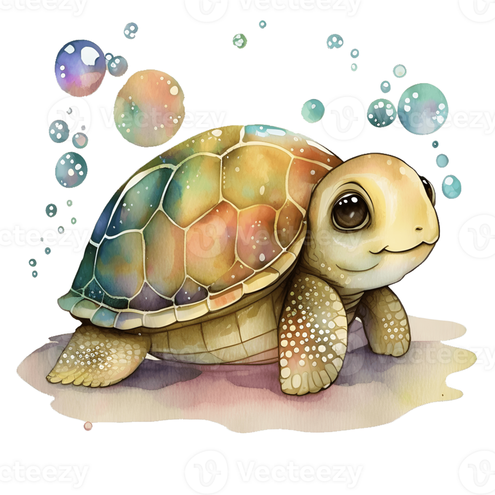 bunt und spielerisch Baby Schildkröte Illustration im Aquarell Stil mit Wasser fallen Spritzen, ai generativ png