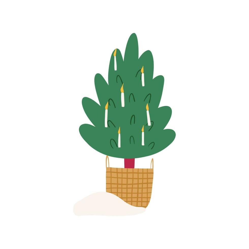 linda Navidad árbol decorado con velas en mimbre cesta, plano vector ilustración aislado en blanco antecedentes. mano dibujado Navidad árbol, invierno fiesta celebracion.