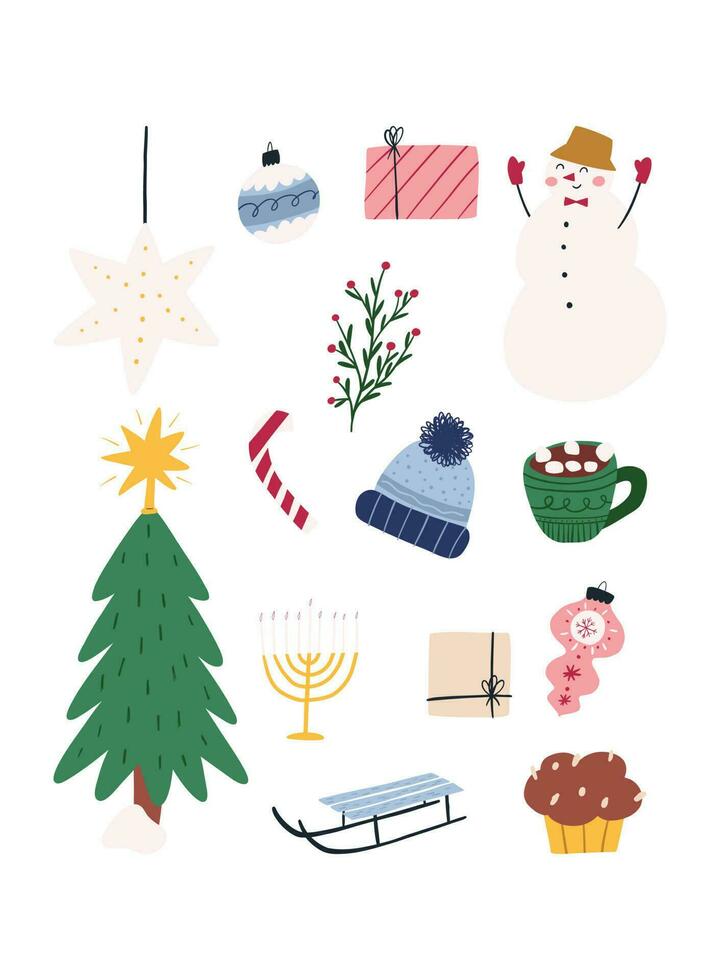 Set of cute Christmas elements, hand drawn flat vector illustration isolated on white background. Winter holiday greeting card. Christmas tree, snowman, candle, candy. Cozy and simple Christmas.