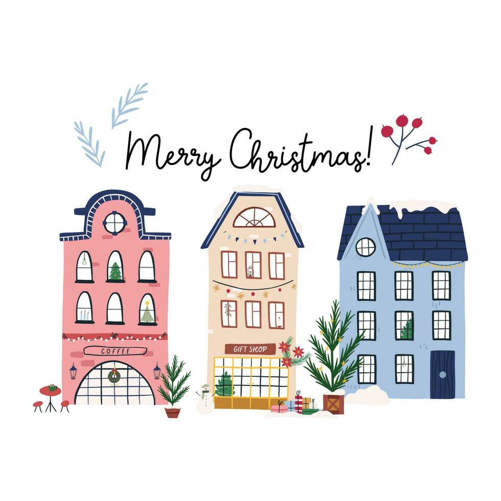 Merry Christmas greeting card with cute hand drawn houses, flat vector illustration isolated on white background. Decorated Christmas buildings in city, Christmas tree, fairy lights and snow.