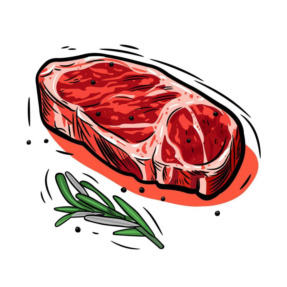 Fresh piece of meat. Steak, ribeye, sirloin. Vector illustration isolated on white background.