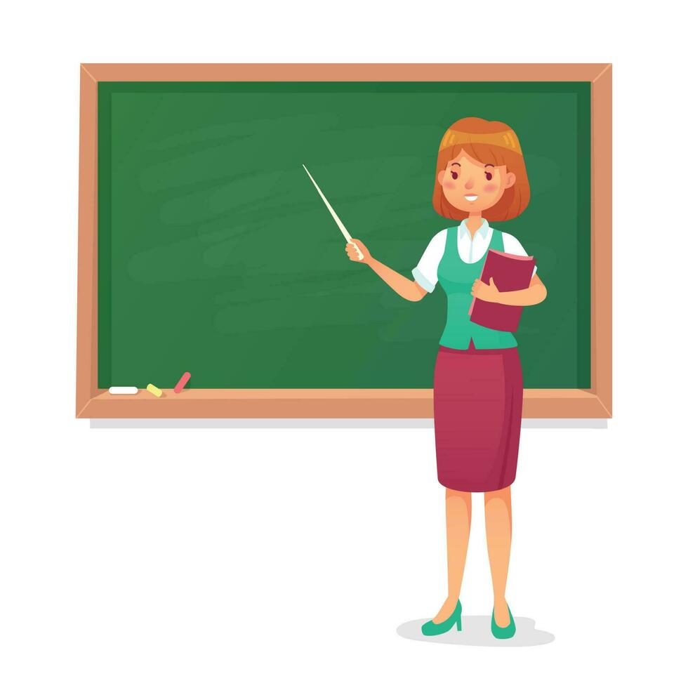 Chalkboard and teacher. Female professor teach at blackboard. Lessons woman teachers at school board cartoon vector illustration