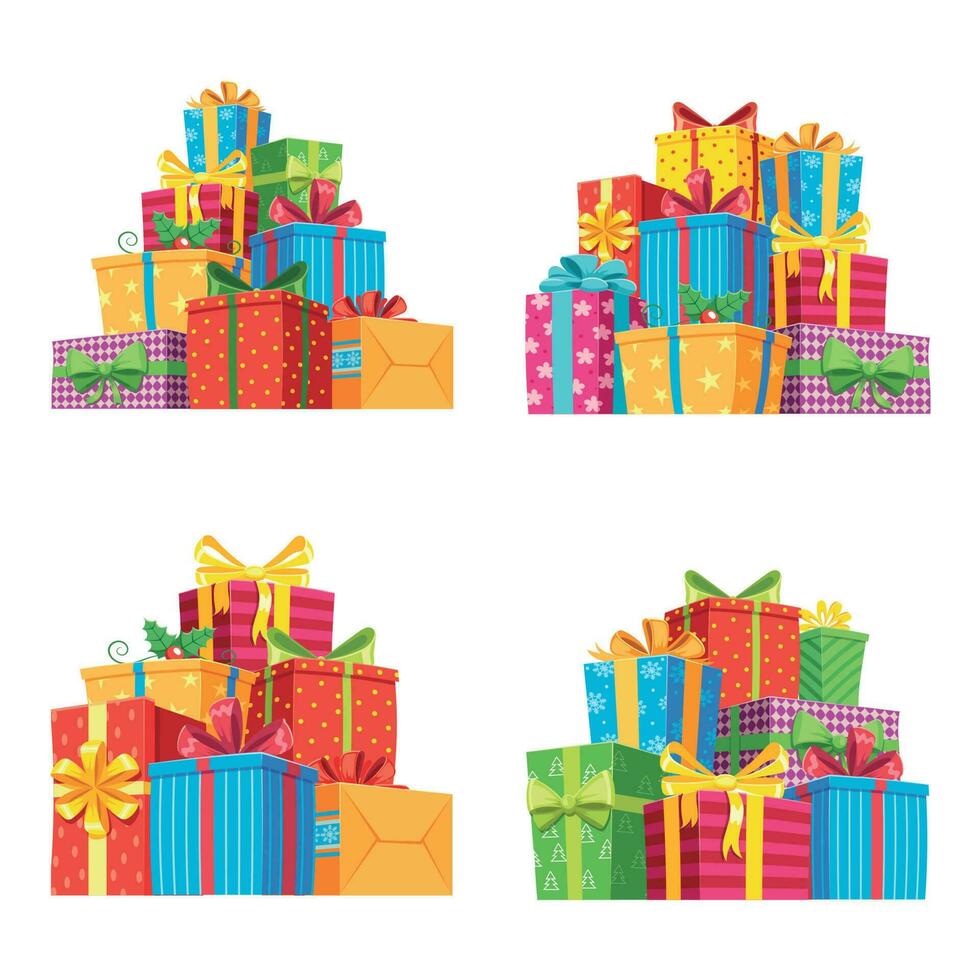 Christmas presents in gift boxes. Birthday present box, xmas gifts pile isolated vector illustration