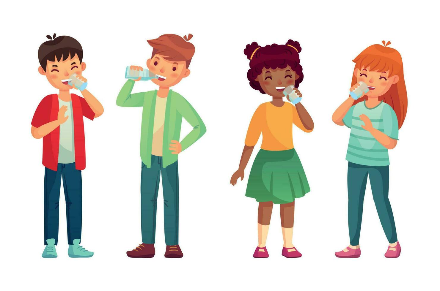 Kids drink glass of water. Happy boy and girl drinks. Children drinking hydration level care vector cartoon illustration