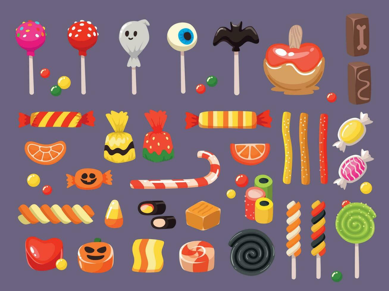 Víspera de Todos los Santos caramelo. dulce dulces, de miedo murciélago pirulí y dulces regaliz caramelo de azúcar con mantequilla vector ilustración conjunto