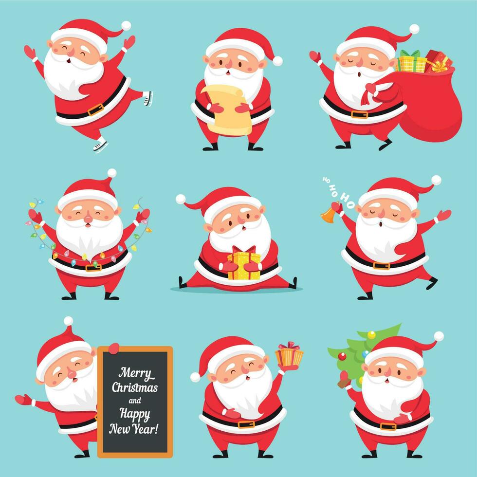 Cartoon Santa Claus. Christmas holiday greeting card character. Funny winter holidays characters flat vector set