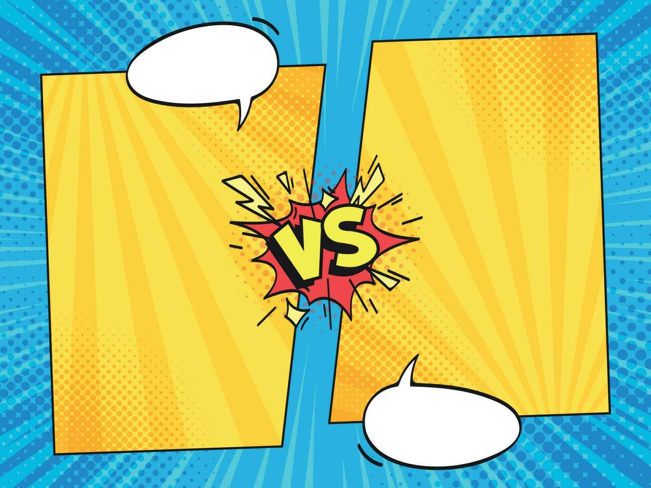 Versus comic frame. Vs comics book frames with cartoon text speech bubbles on halftone stripes background vector template