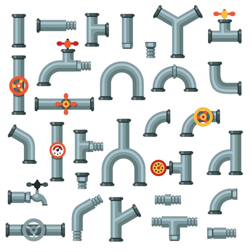 Flat pipes. Oil pipe with pressure gauge, metal tube manometer and drain plumbing connector isolated vector set