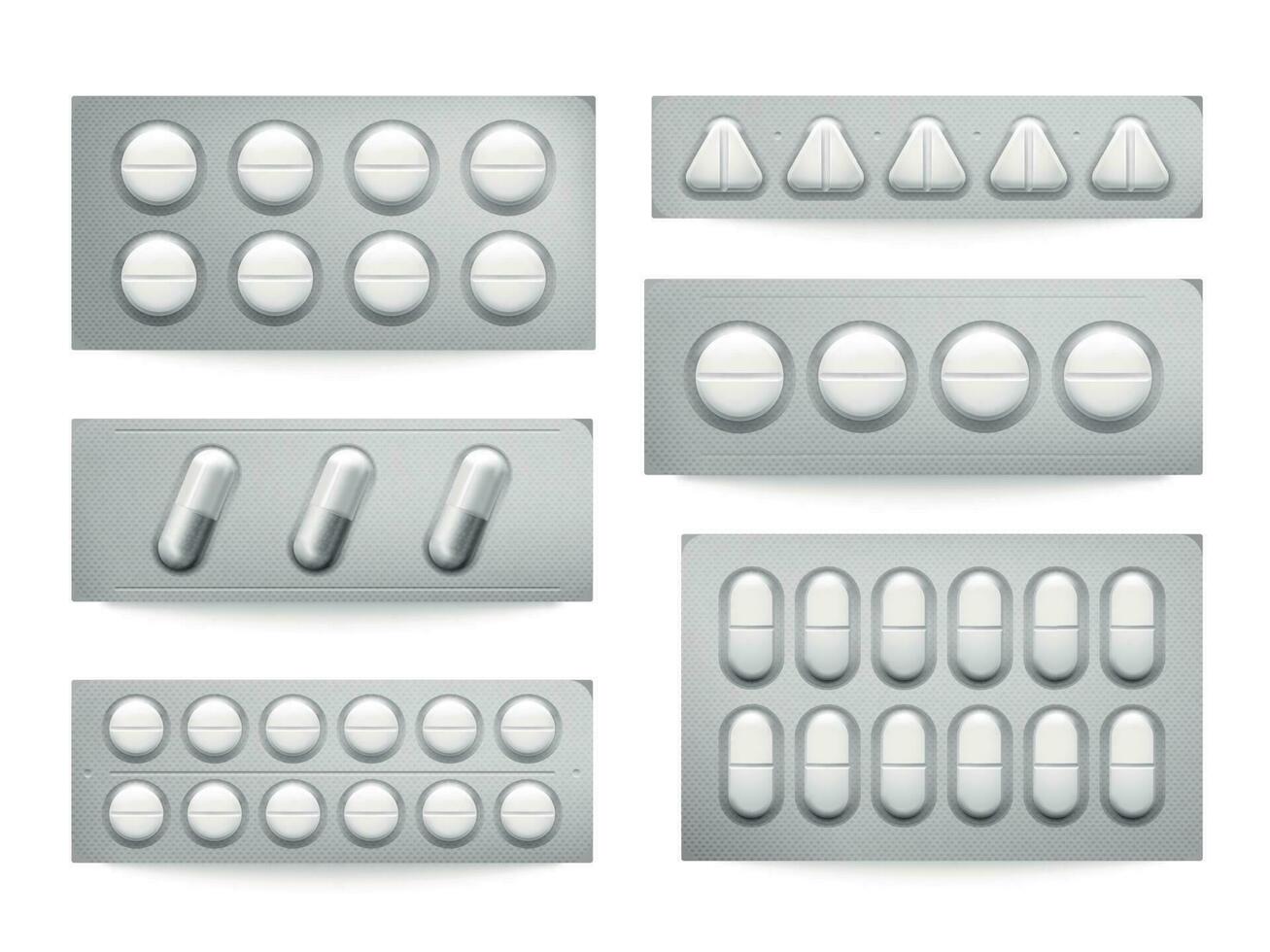 Blister packs white paracetamol pills, aspirin capsules, antibiotics or painkiller drugs. Prescription medicine packing vector set