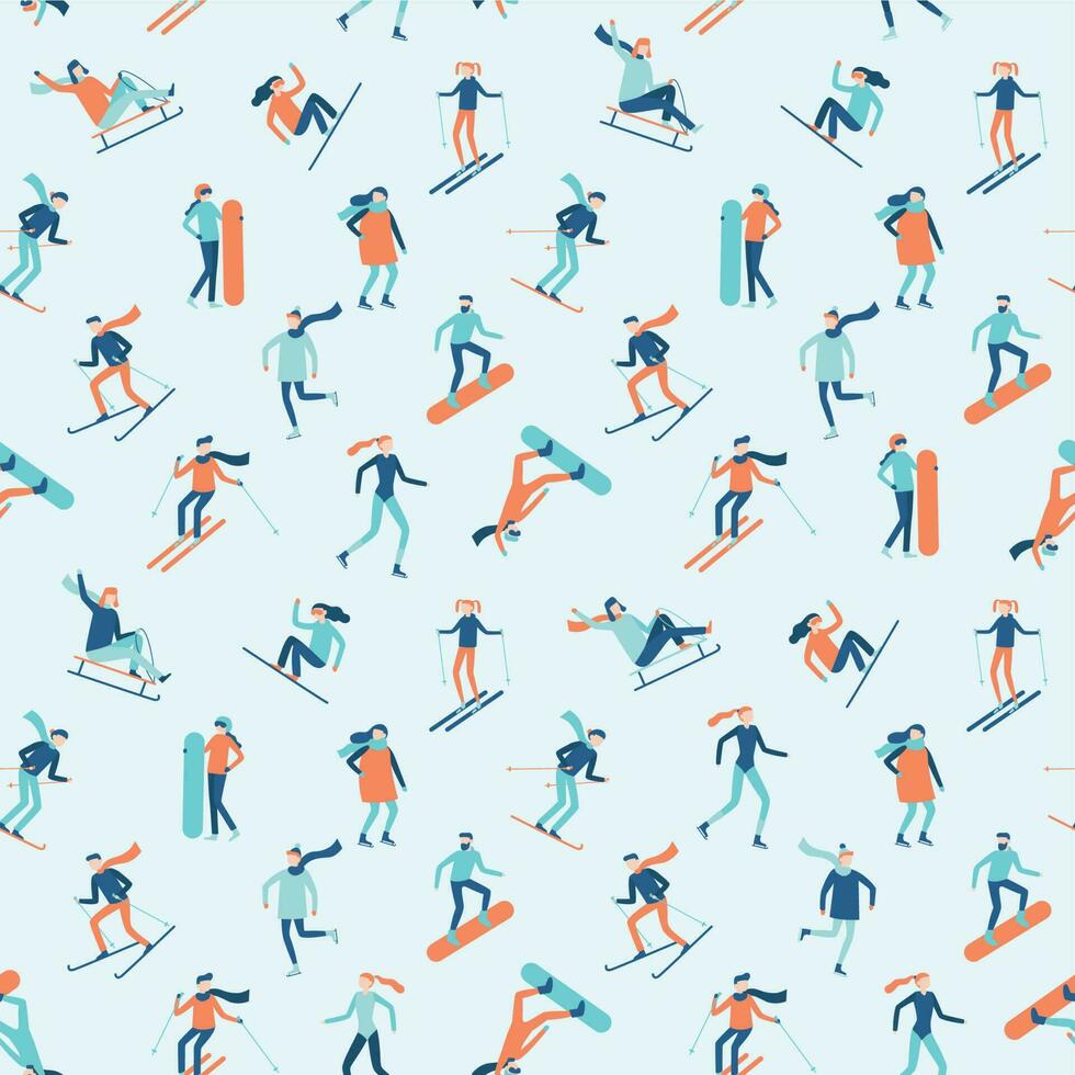 Snowboarding and skiing seamless pattern. Winter sport activities, young people on ski or snowboard vector background