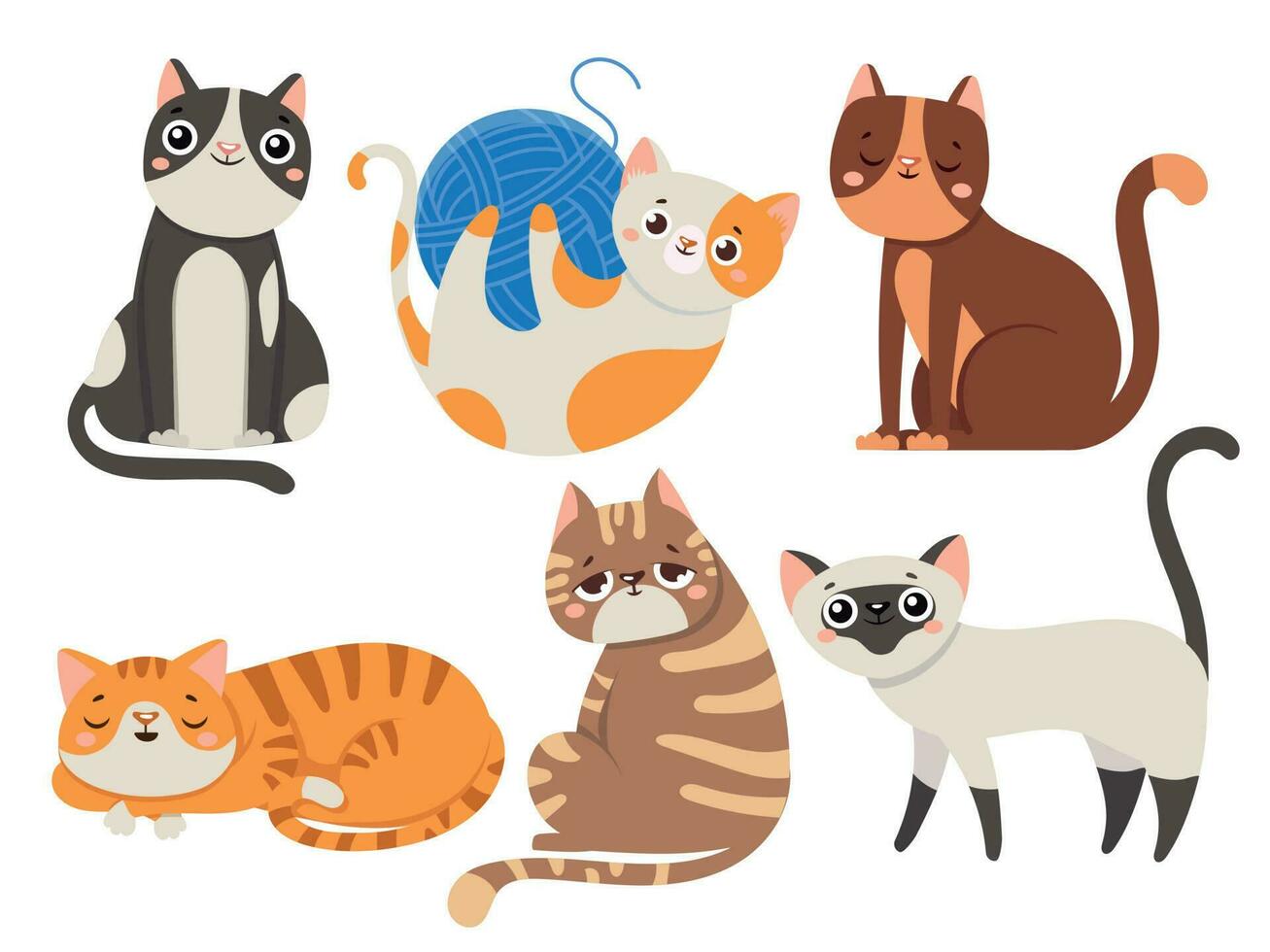 linda gatos mullido gato, sentado gatito personaje o Doméstico animales aislado vector ilustración colección