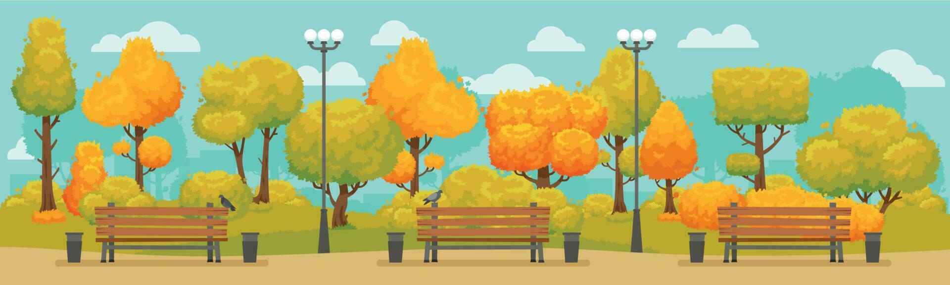 Cartoon autumn park panorama. Autumnal city parks road with yellow and red trees. Fall street tree panoramic vector background