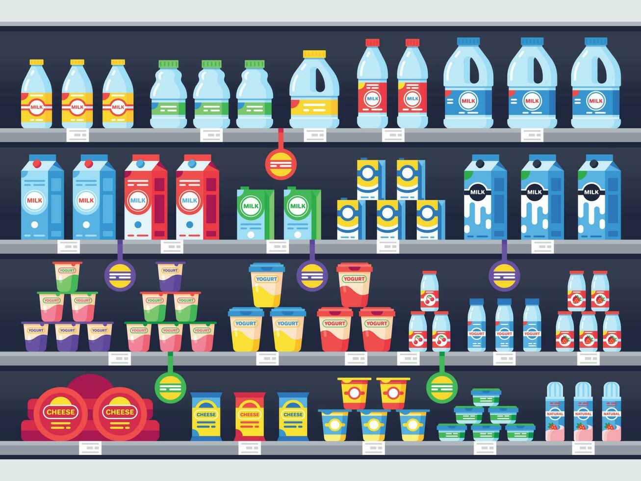 Shop shelf with milk products. Dairy grocery store shelves, milk bottle supermarket showcase and cheese product vector illustration