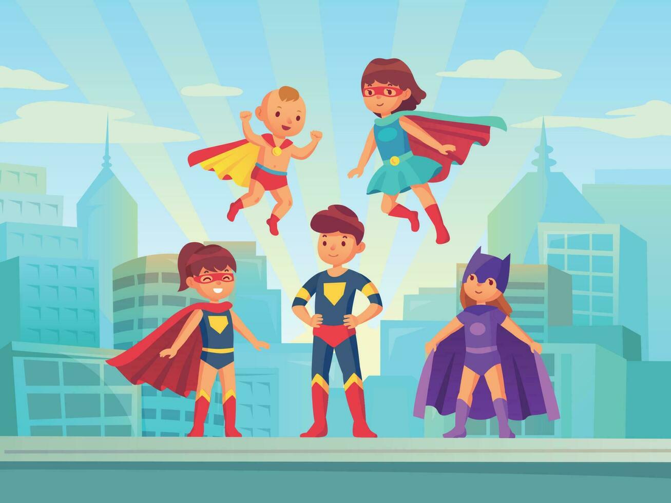 Superhero kids team. Comic hero kid in super costume with cloak on urban roof. Children superheroes vector cartoon illustration