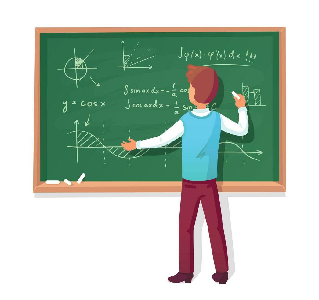 Teacher write on blackboard. School professor teach students, explaining charts formulas graphs on chalkboard vector illustration