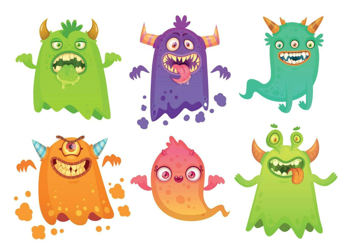 Cartoon monster ghost. Angry scary monsters mascot characters, goofy alien creature and gremlin character vector illustration
