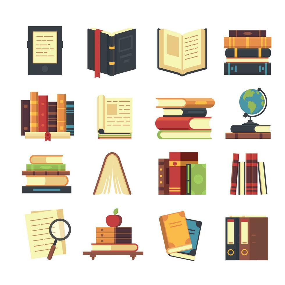 Flat book icons. Library books, open dictionary and encyclopedia on stand. Pile of magazines, ebook and novel booklet vector set