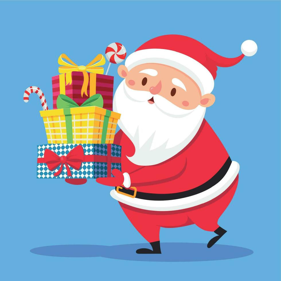 Santa Claus carry gifts stack. Christmas gift box carrying in hands. Heavy stacked winter holidays presents vector cartoon illustration