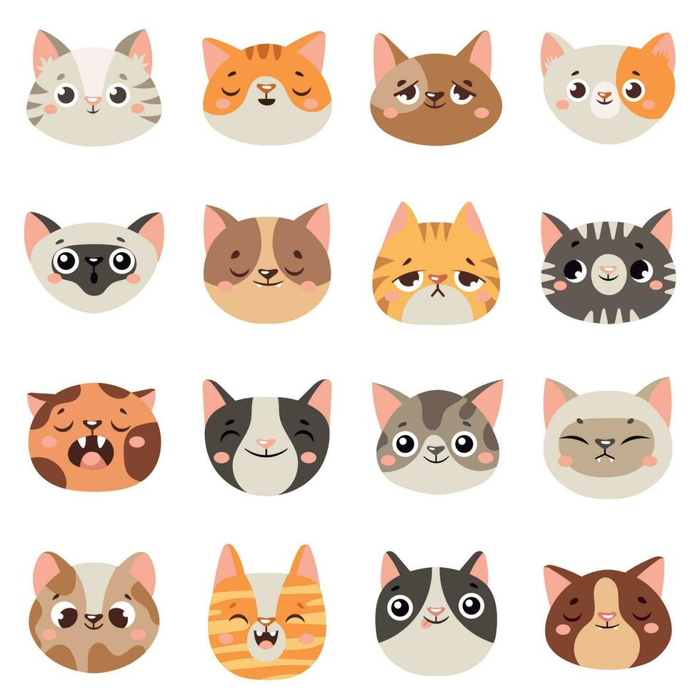 linda gatos caras. contento animales, gracioso gatito sonriente boca y llorando triste gato. animal personaje cara dibujos animados vector ilustración conjunto
