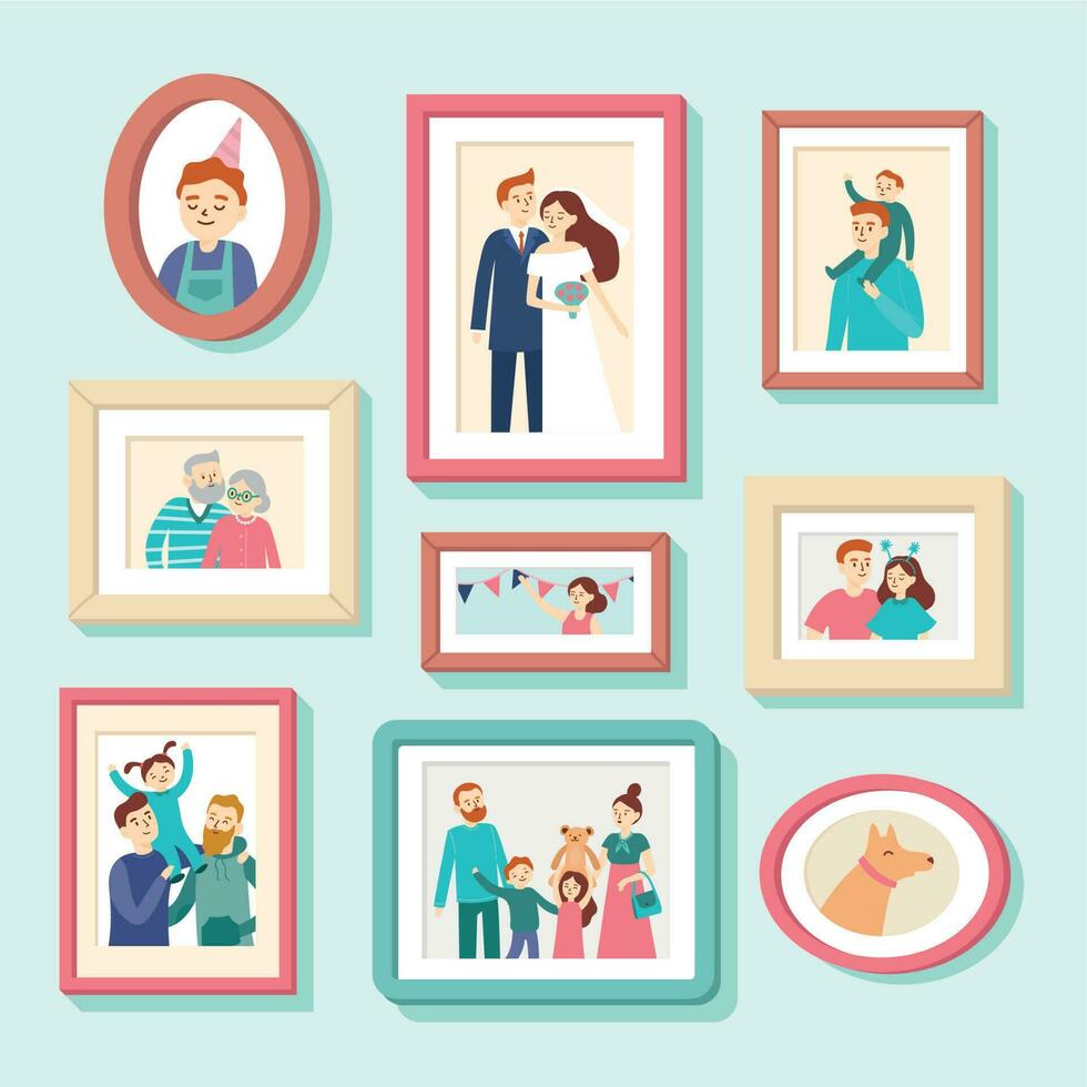 Family members portraits. Wedding photo in frame, couple portrait. Smiling husband, wife and kids photos in frames vector illustration