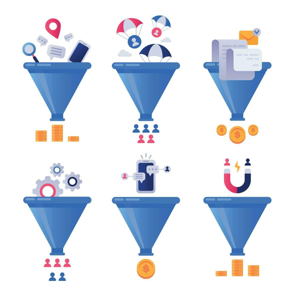 Funnel generation sales. Business lead generations, mail sorter funnels and pipeline sale optimisation vector concept illustration set