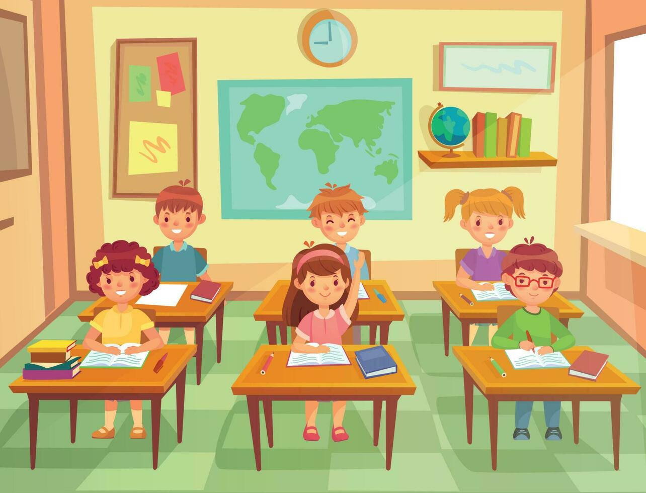 Pupil kids at classroom. Primary school children pupils, smiling boys and girls study in schools class cartoon vector illustration