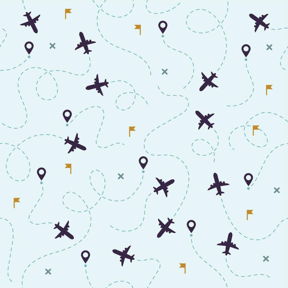 Airplane flights pattern. Plane travel, avia traveling routes and aviation vector seamless background